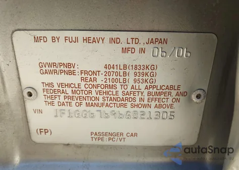 2006 Subaru Impreza 2.5I from USA, damaged, VIN JF1GG67696G821305